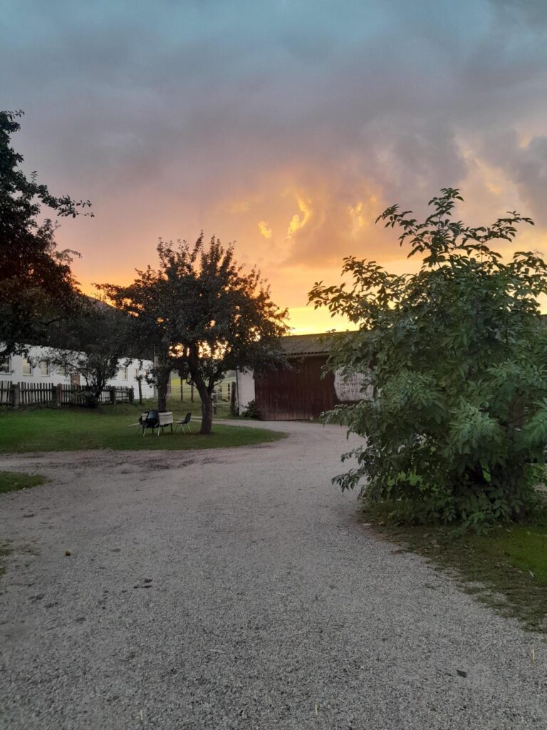 Hofeinfahrt des Pferdehofs bei abendlicher Stimmung
